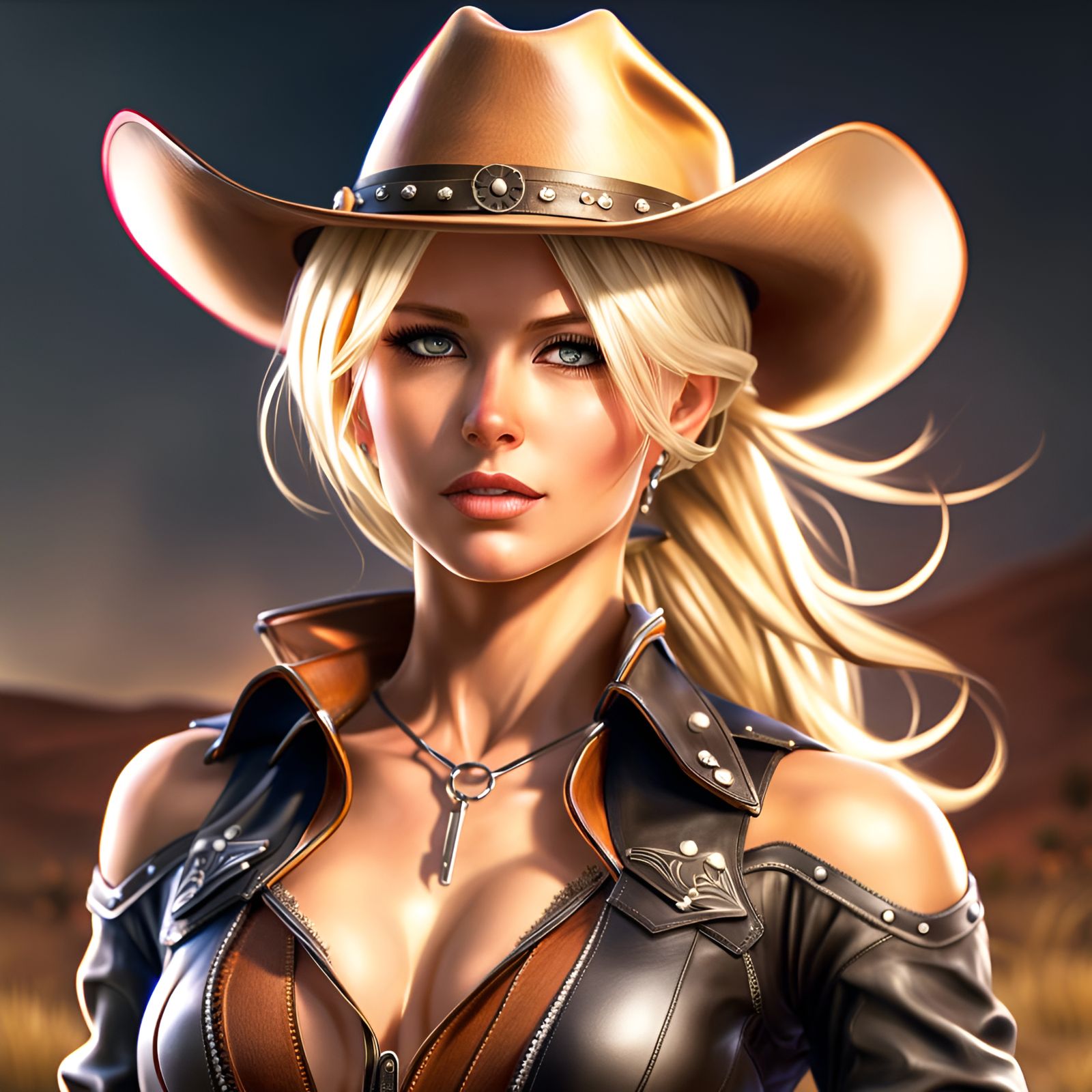 Realistic Blonde Cowgirl in Revealing Leather Bodice