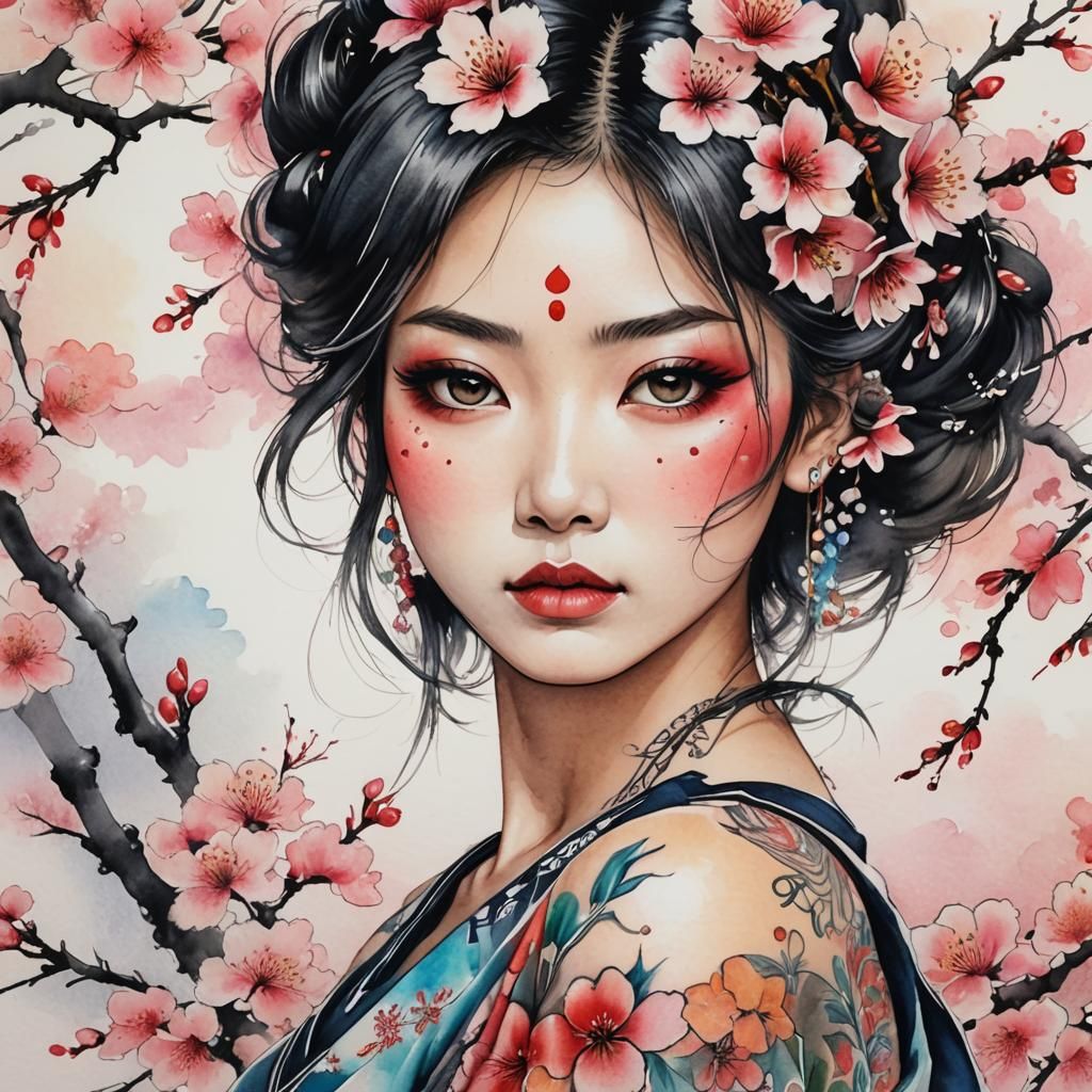 Japanese Model with Tattoos in Watercolor Style