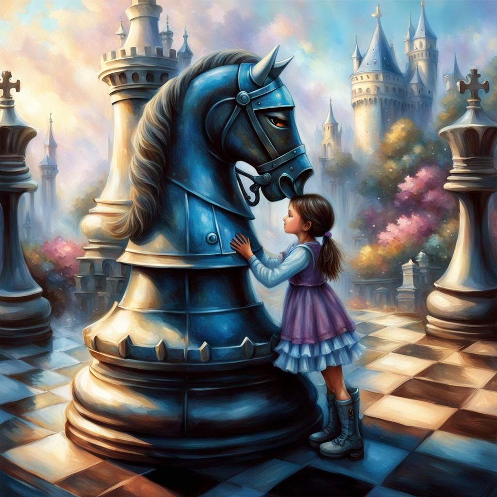 Girl Hugs Knight Chess Piece in Ethereal Fantasy