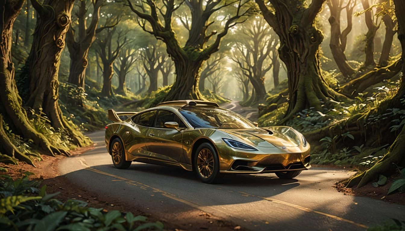 Elven Car Speeds Through Enchanted Forest