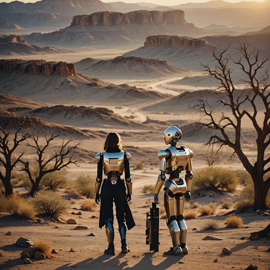 Woman and Robot in Desert Landscape at Dusk