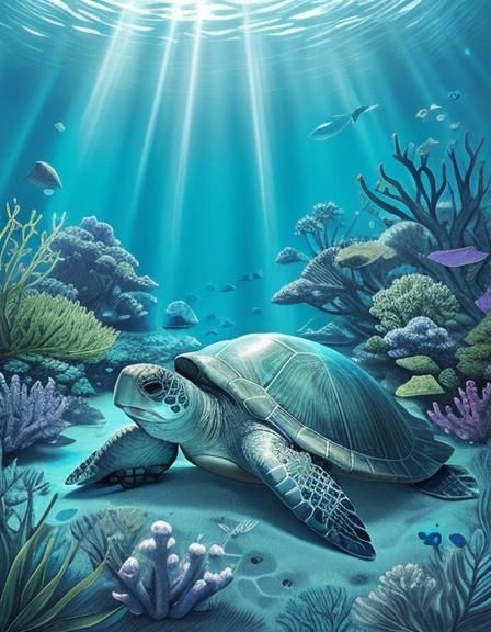 Iridescent Sea Turtle Swimming Underwater: Cinematic Digital...