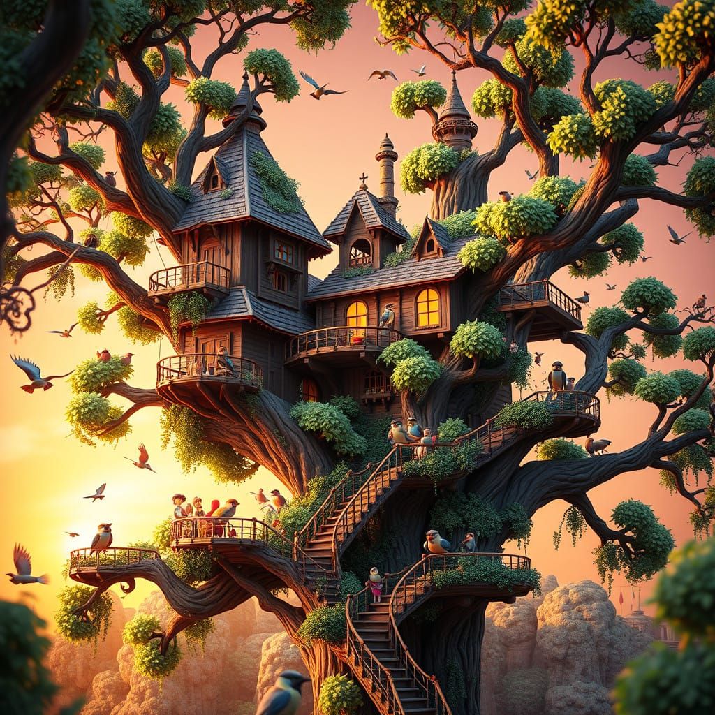Whimsical Treehouse in Vibrant Forest Landscape