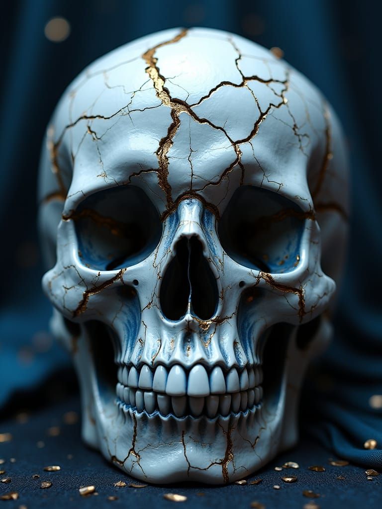 Cracked Porcelain Skull with Golden Details