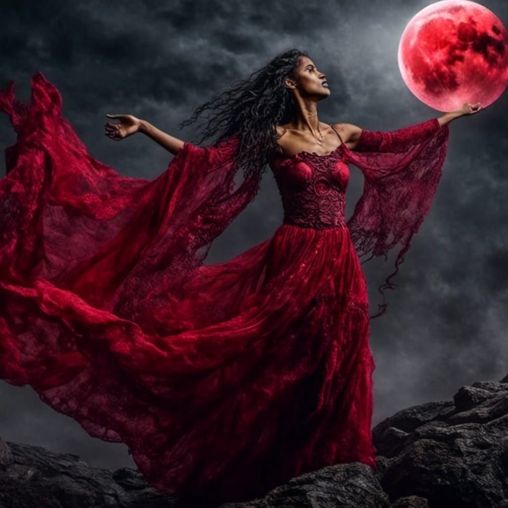 Magical Red Fairy Under a Dramatic Blood Moon