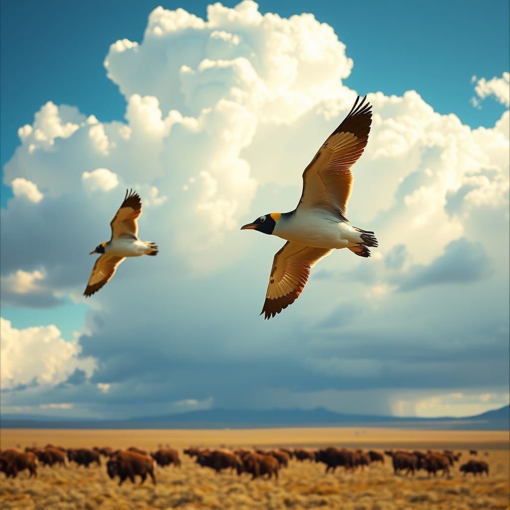 Majestic Penguins Soar Across Sun-Drenched Plains