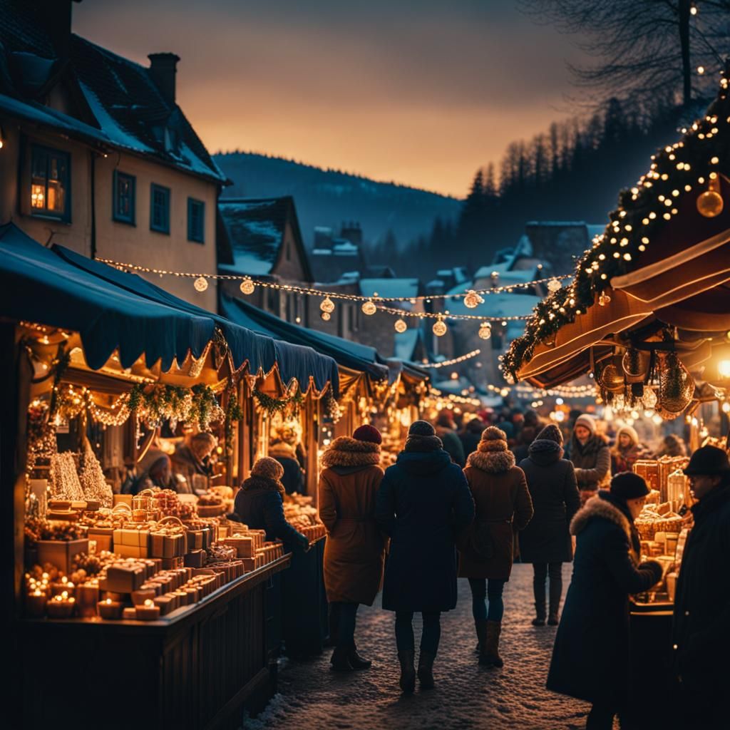 Magical Christmas Market at Dusk in Film Aesthetic