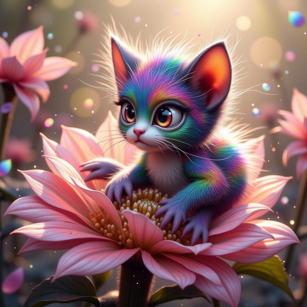 Enchanted Fae Kitten Spider in Whimsical Floral Realm