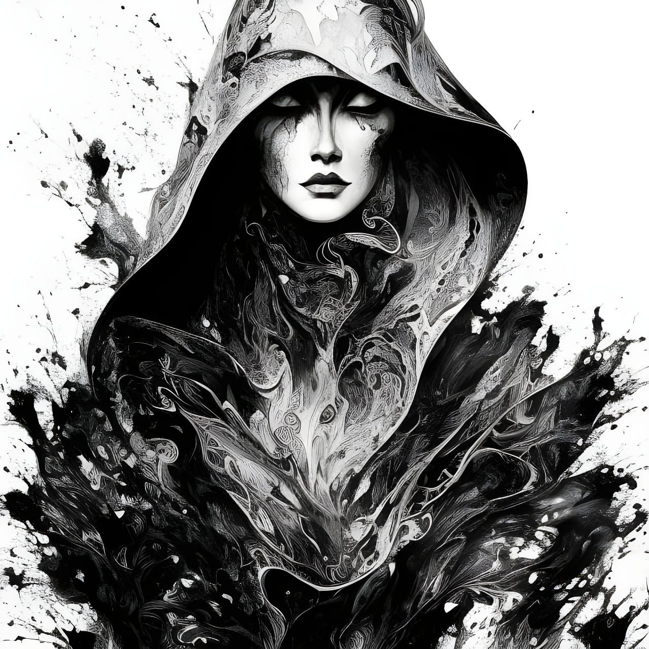 Grim Reaper Portrait in Ink and Gouache