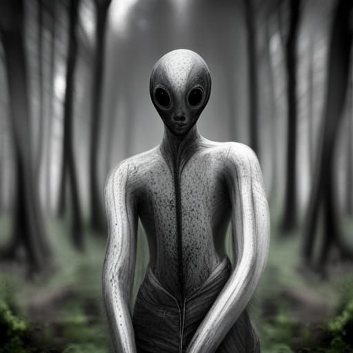 Blurry 1970 photo slender humanoid alien creature in the woods large black eyes spindly arms