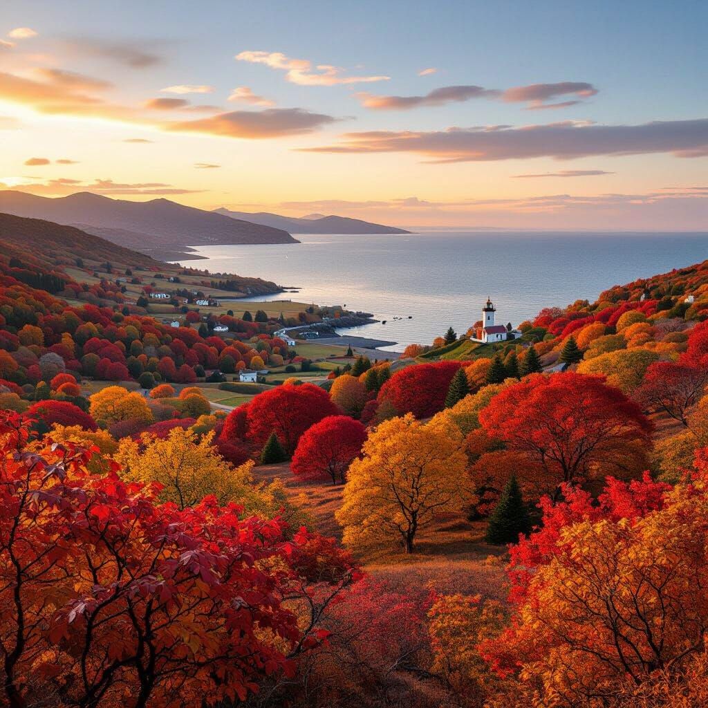 Golden Hour View of Autumn Valley with Lighthouse