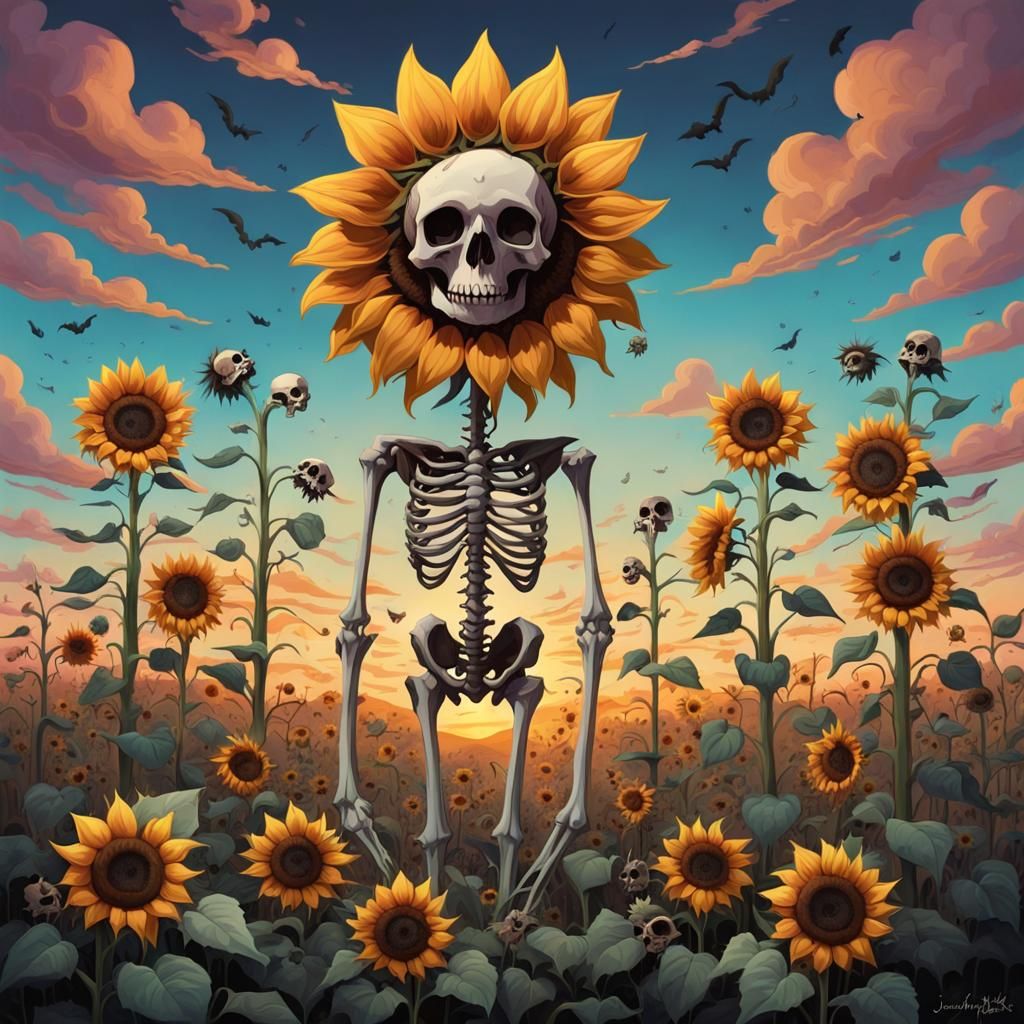 Sunflowers Bloom from Skulls in Dark Fantasy 3D Render
