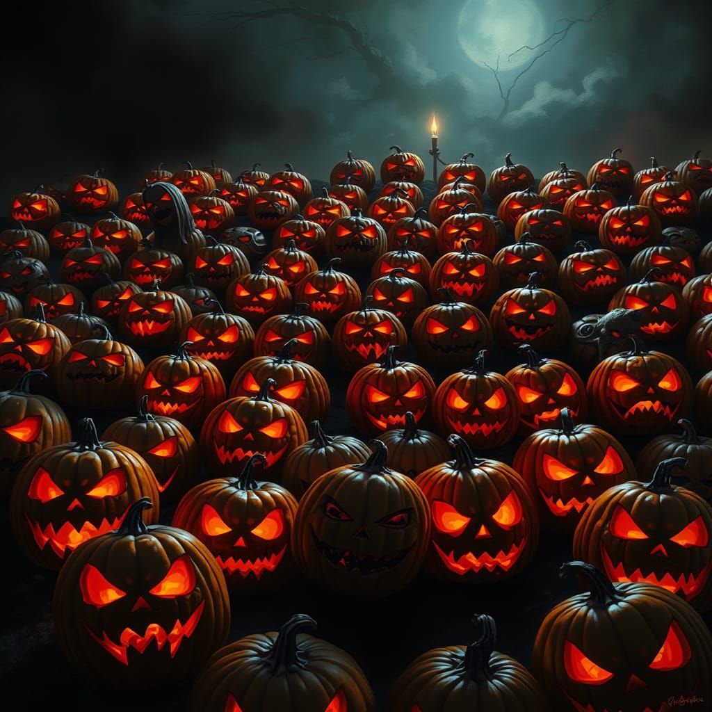 Grid of Sinister Jack-o'-Lanterns in Dark Fantasy Style