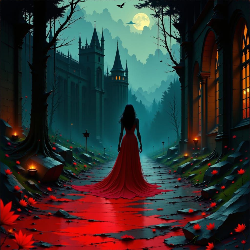 Red Lady in Gothic Setting, Noir Style