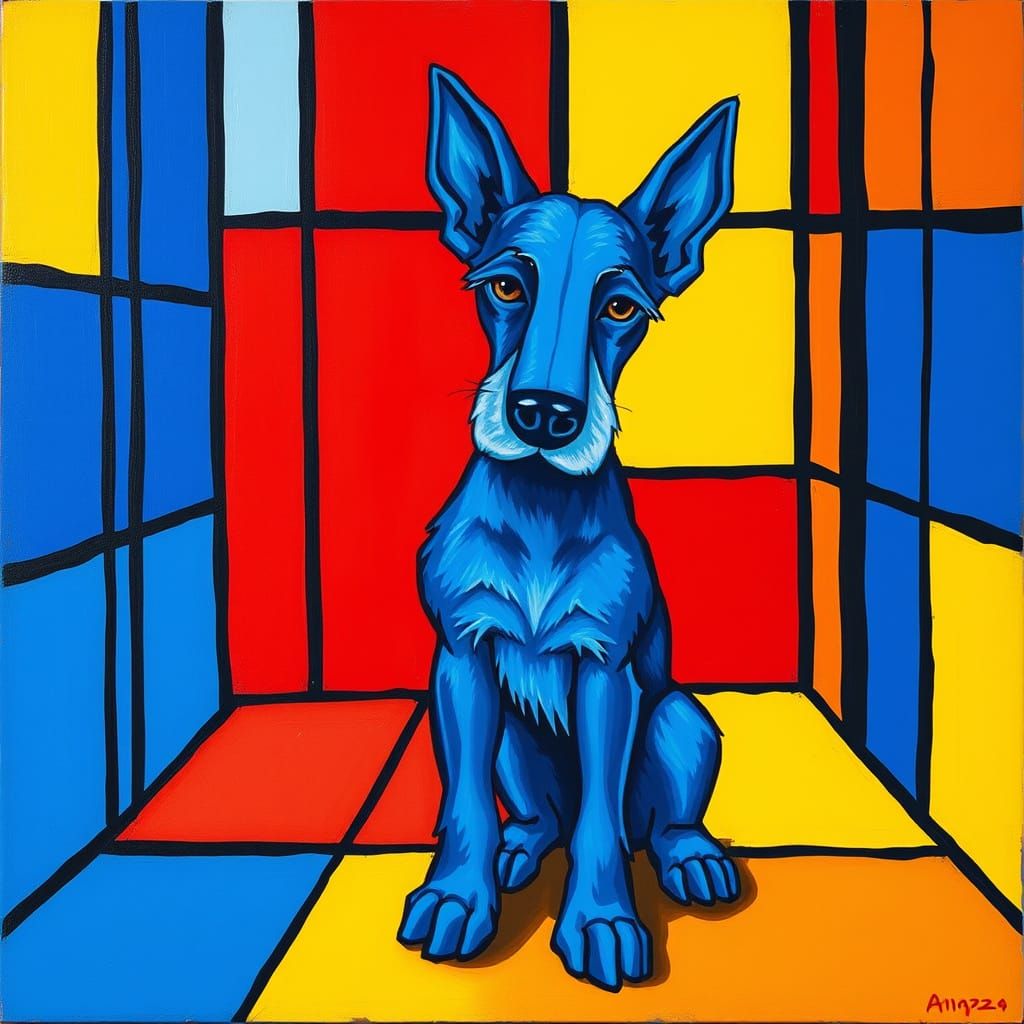 Whimsical Blue Dog in Geometric Art Space
