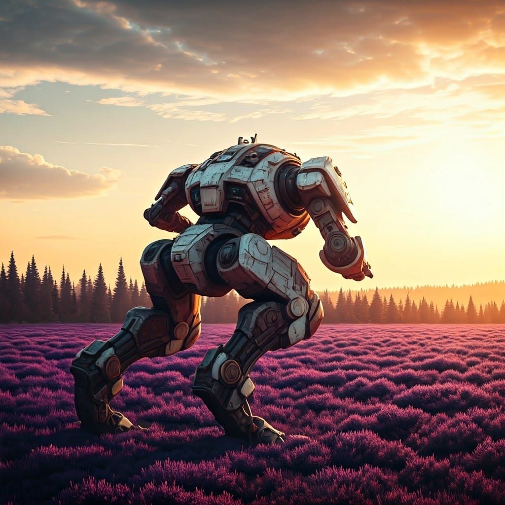 Armored Mech in Purple Forest, Dystopian Sci-Fi
