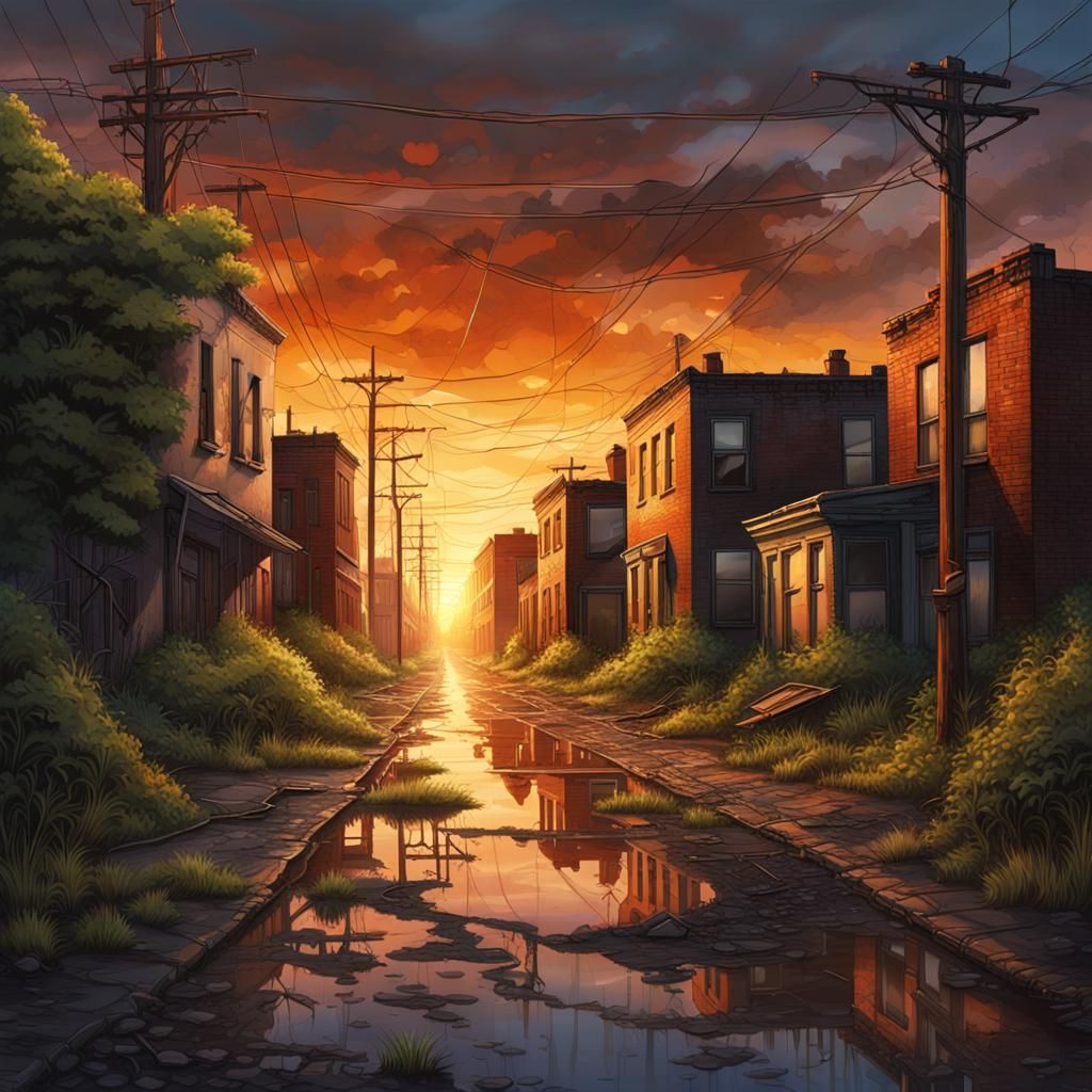 Abandoned City Street Reclaimed by Nature at Sunset