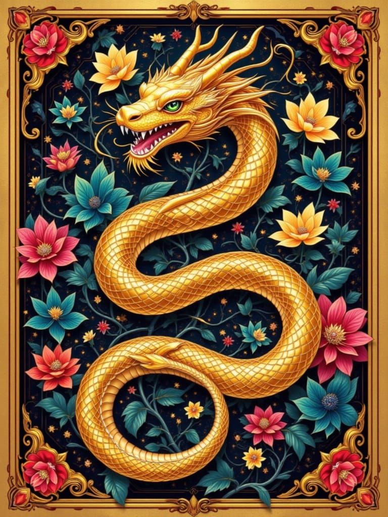 Golden Chinese Snake Tarot Card in Hyperrealistic Style