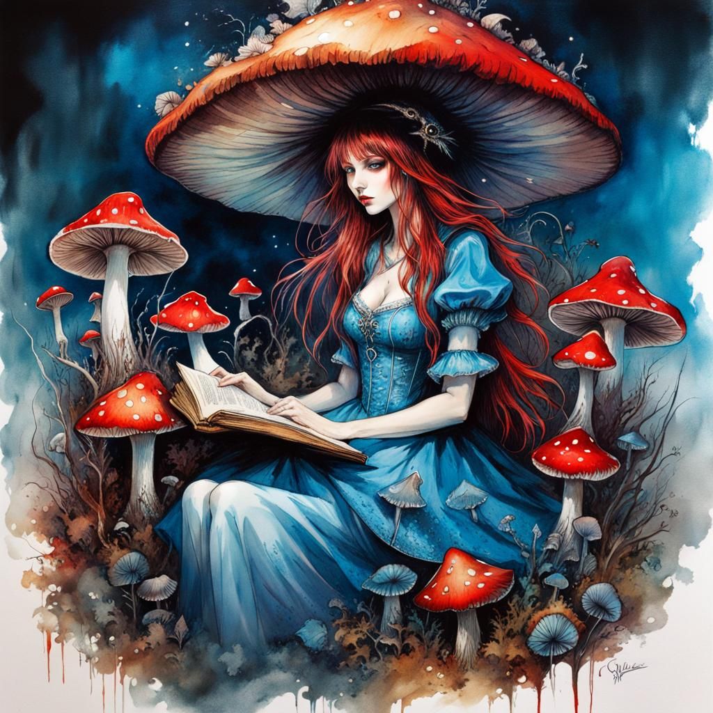 Mushroom Witch Reading, Bioluminescent Wonderland