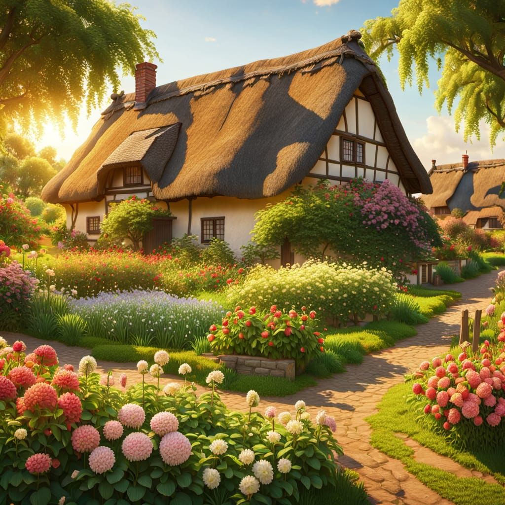 Charming Thatched Cottage Amidst Vibrant Blooms