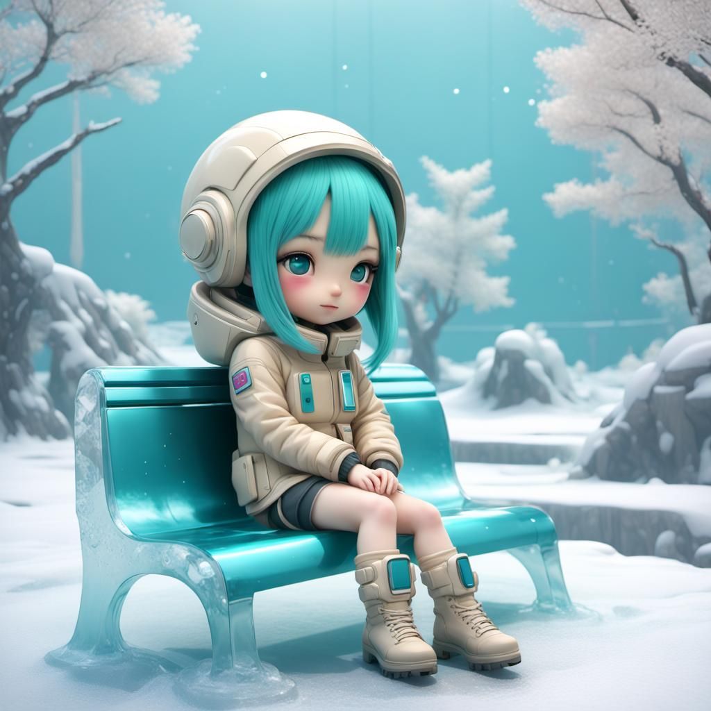 Kawaii Character on Ice Bench in Hyper-Realistic Sci-Fi