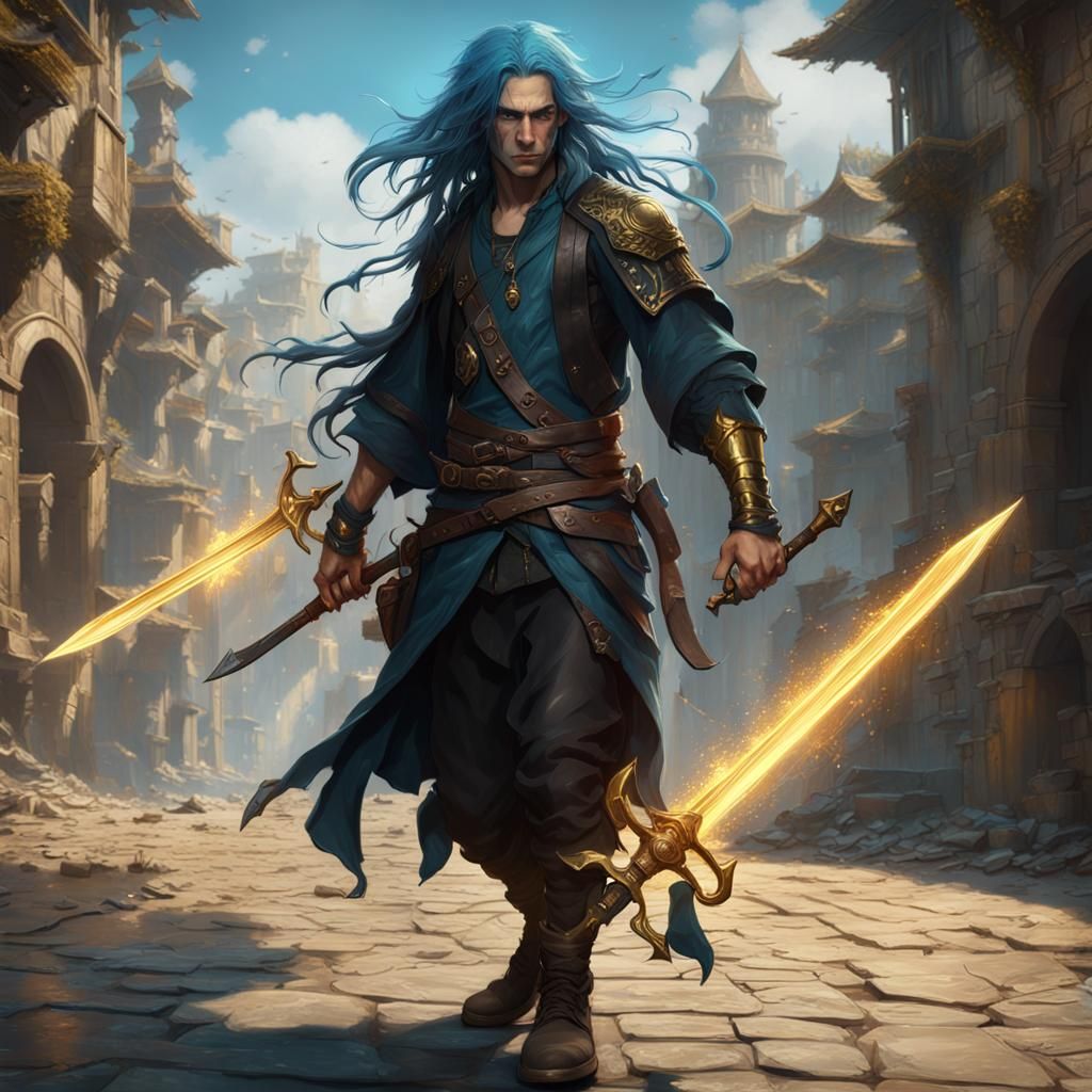 Blue-Haired Rogue with Daggers in Dark Fantasy Style