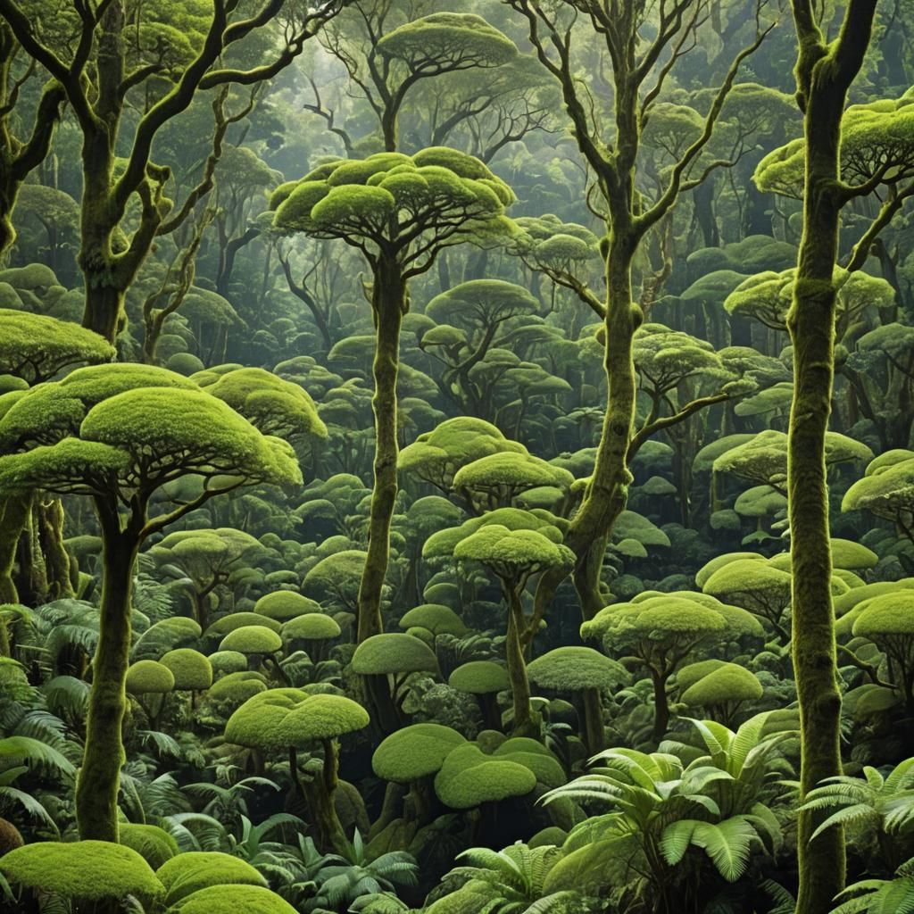 Lush Green Jungle with Moss-Covered Trees