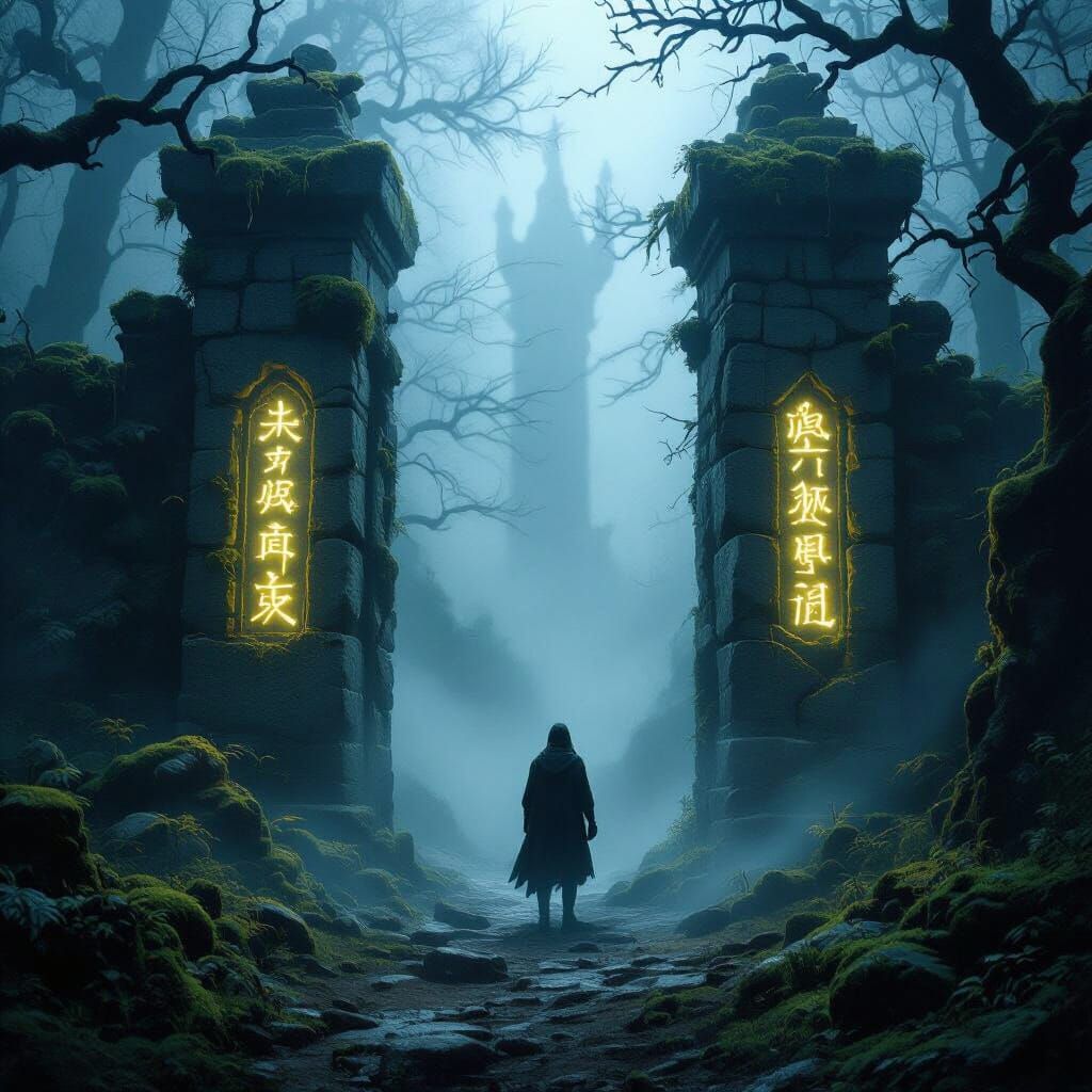 Fantasy Adventurer Before Ancient Rune Gate in Mystical Fore...