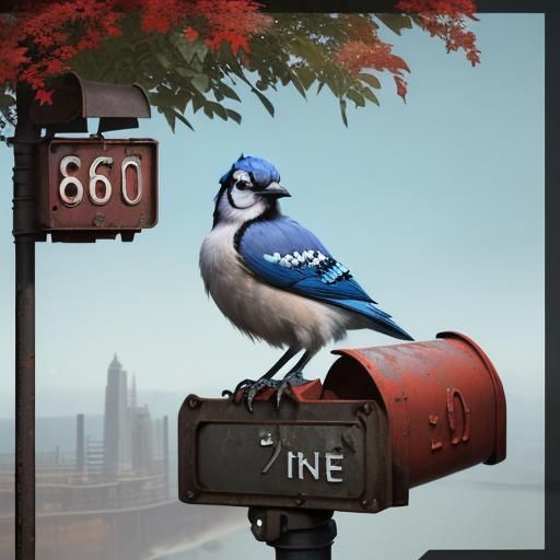 Blue Jay on Rusted Mailbox: Detailed Matte Painting