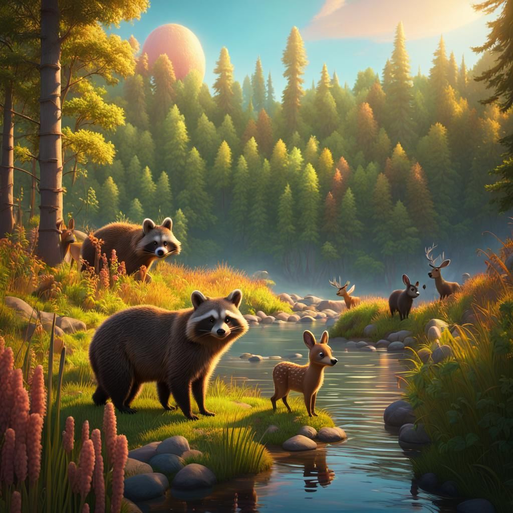Forest Animals at River Coast: Pixar-Style 3D Art