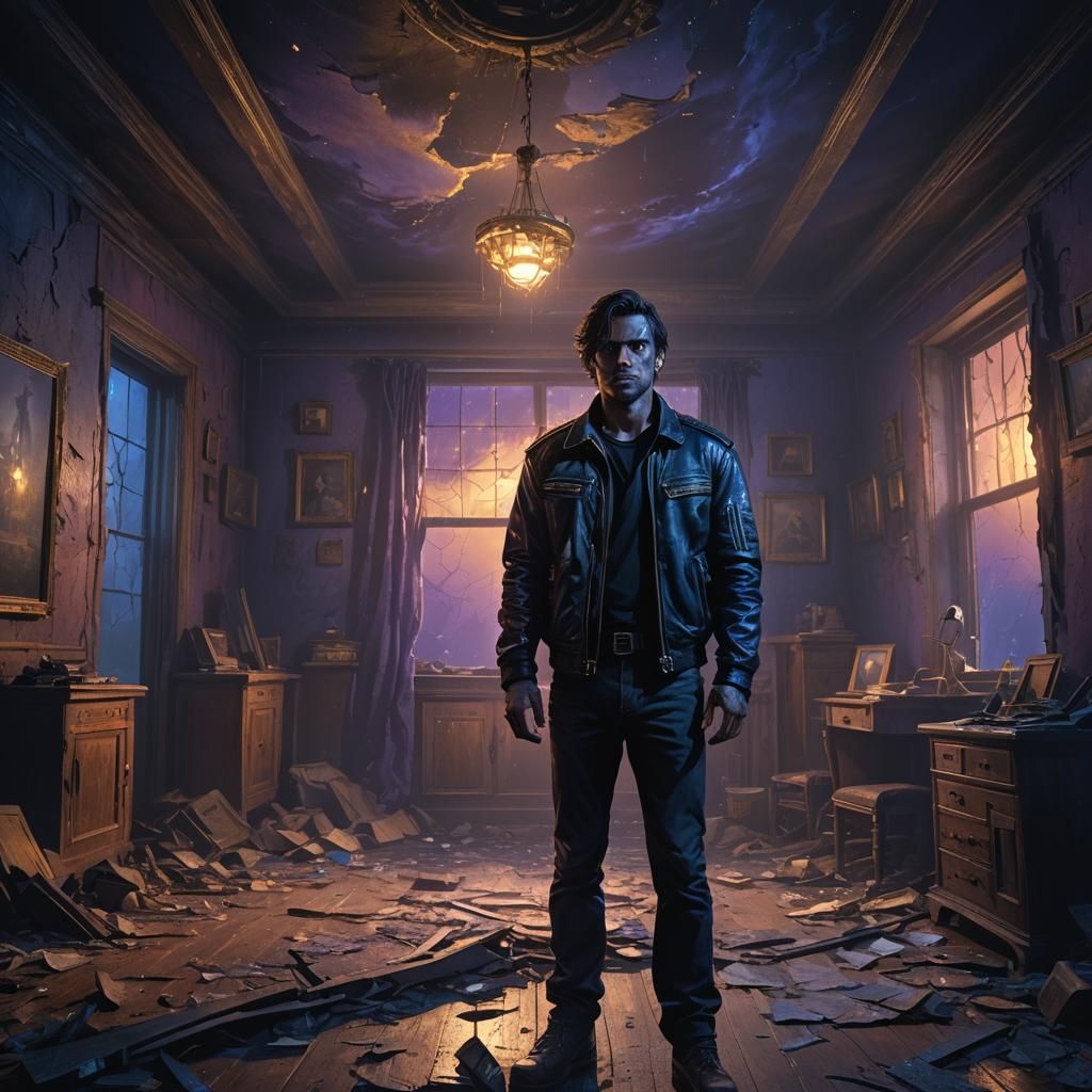 Eerie Midnight Fantasy Art of Man in Abandoned Room