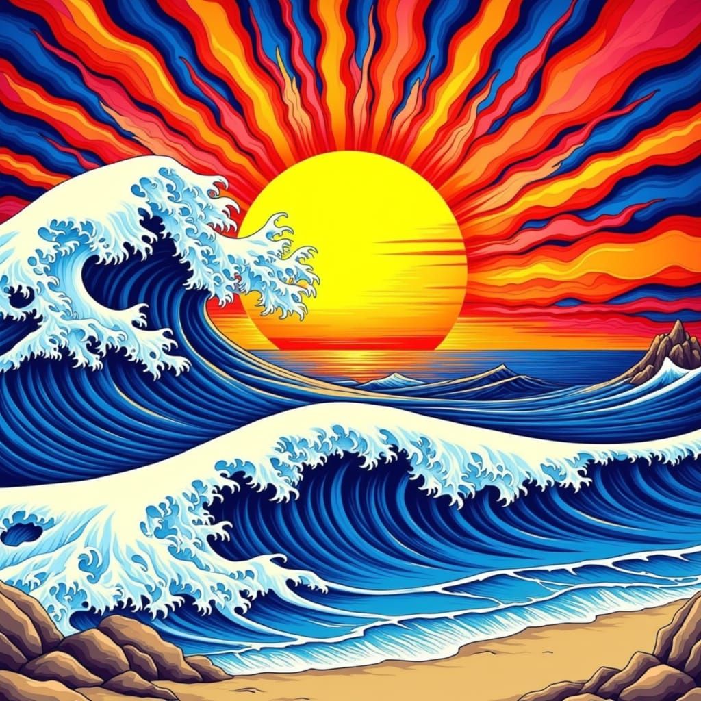 Vibrant Sunset Over a Dynamic Japanese Ocean Scene in a Surr...
