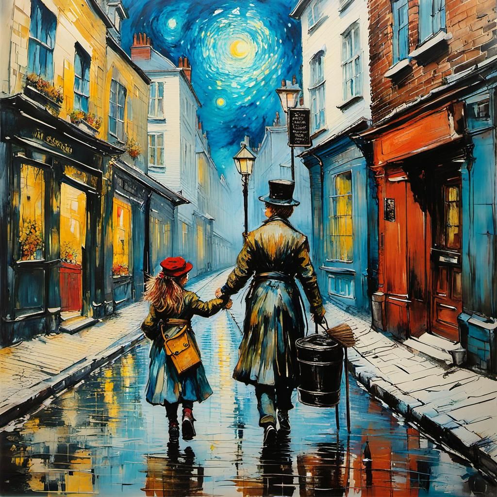 Girl Touches Chimney Sweep for Luck, Encaustic Style