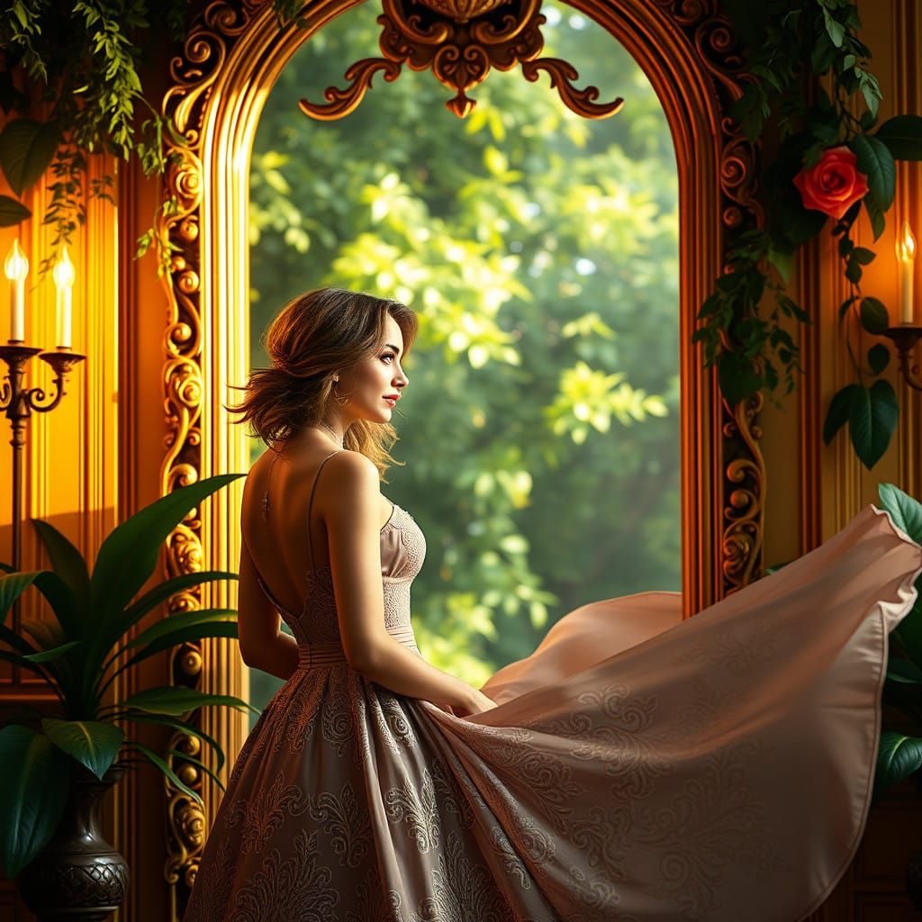 Confident Woman in Luxurious, Golden Hued Fantasy Portrait