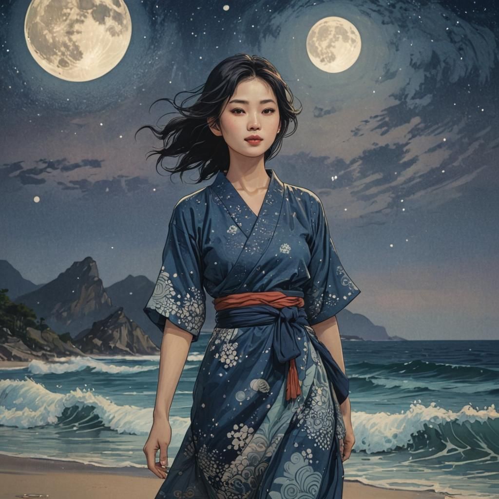Cosmic Dreamscape: Vietnamese Woman in Ukiyo-e Style