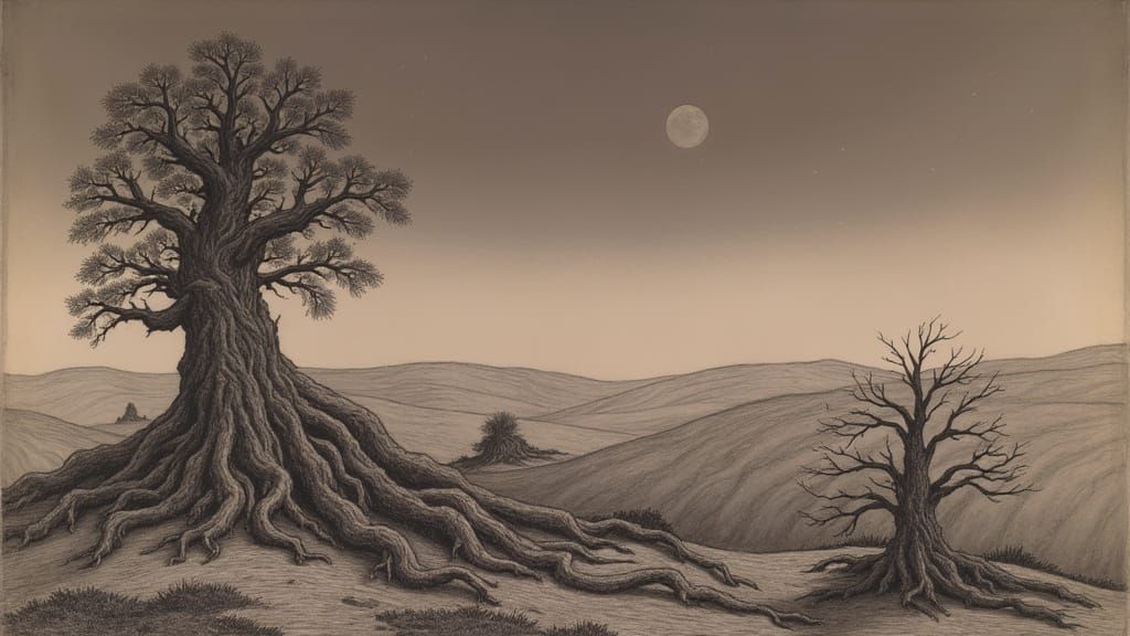 Surreal Etching of Norse Tree Yggdrasil at Night