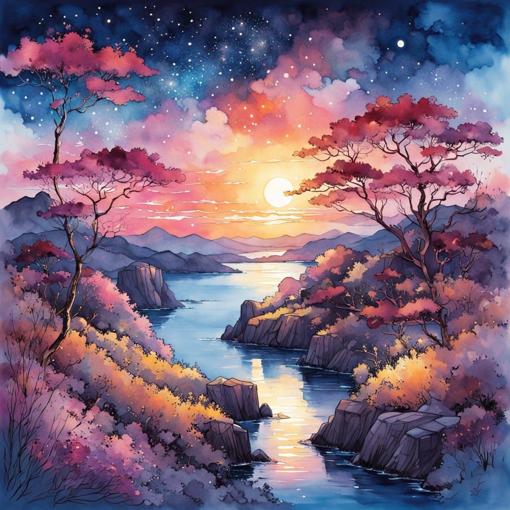 Dreamy Twilight Harbor in Watercolor Style