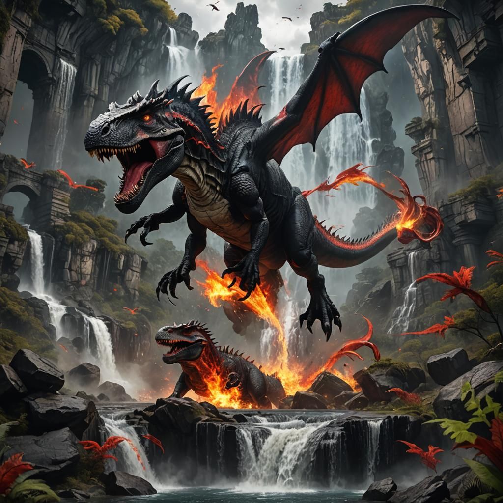 Monochrome Dragon-Rex Soaring Over Ruined World