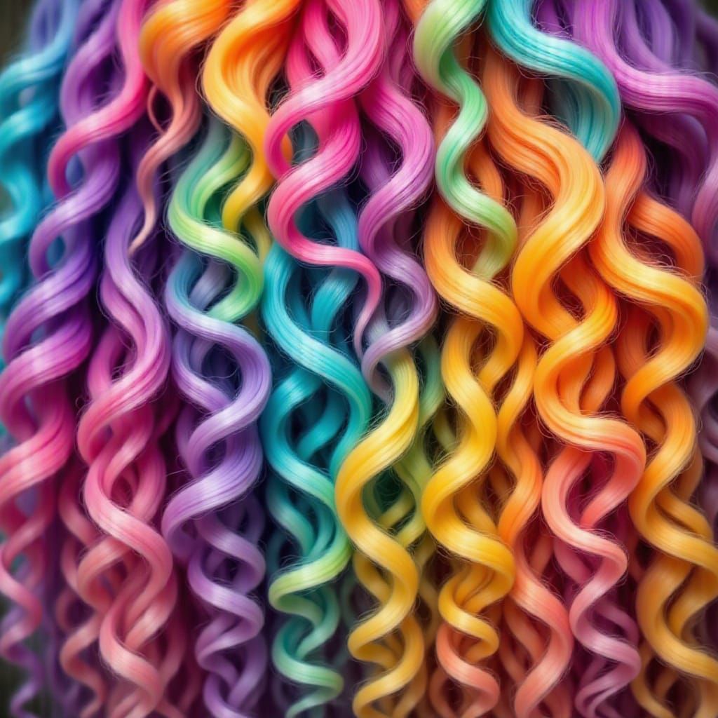 Close-up of Long Curly Rainbow Hair