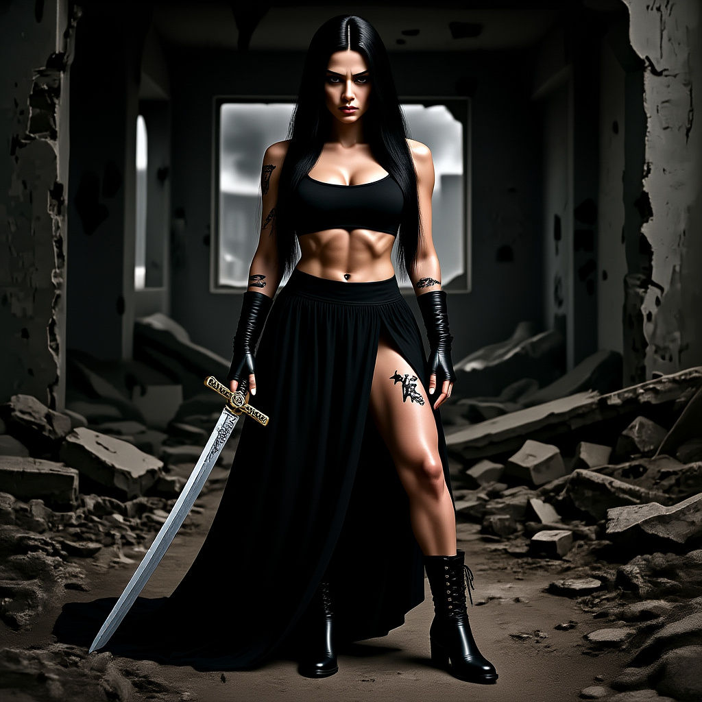 Tall African Woman in Destroyed Building