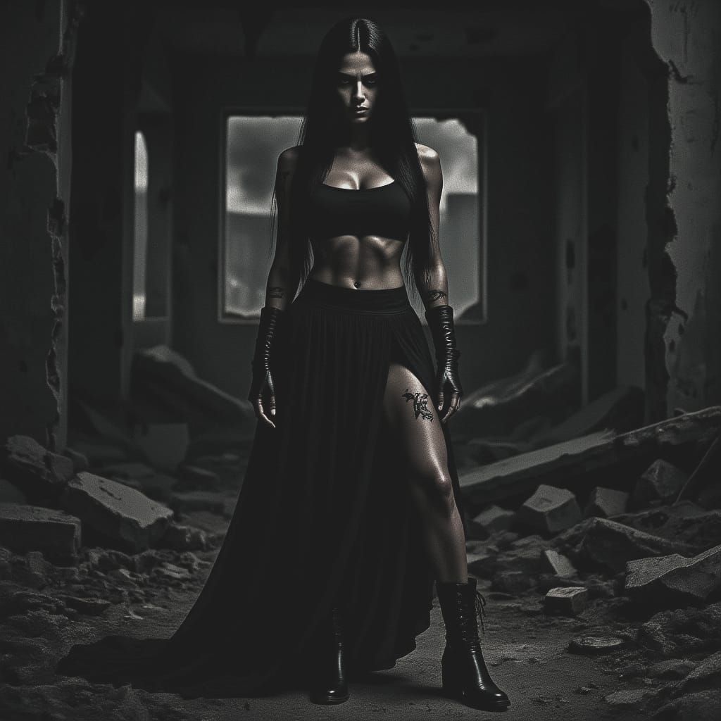 Tall African Woman in Destroyed Building