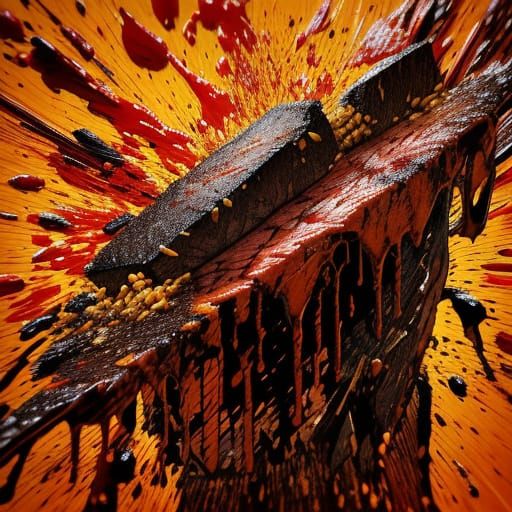 An exploding steak, being smashed into smithereens, fiery, action painting