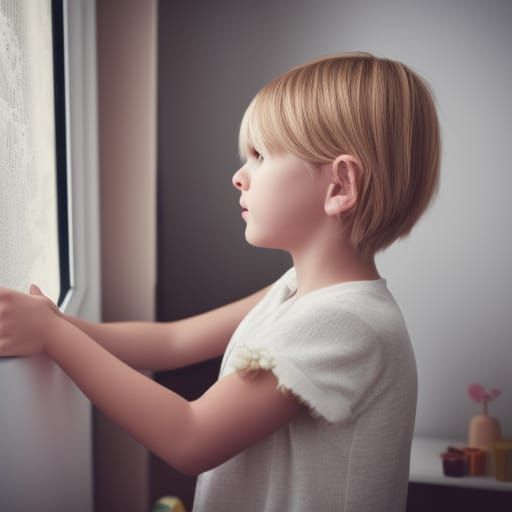 Girl with Tabby Cat Gazing Out Window