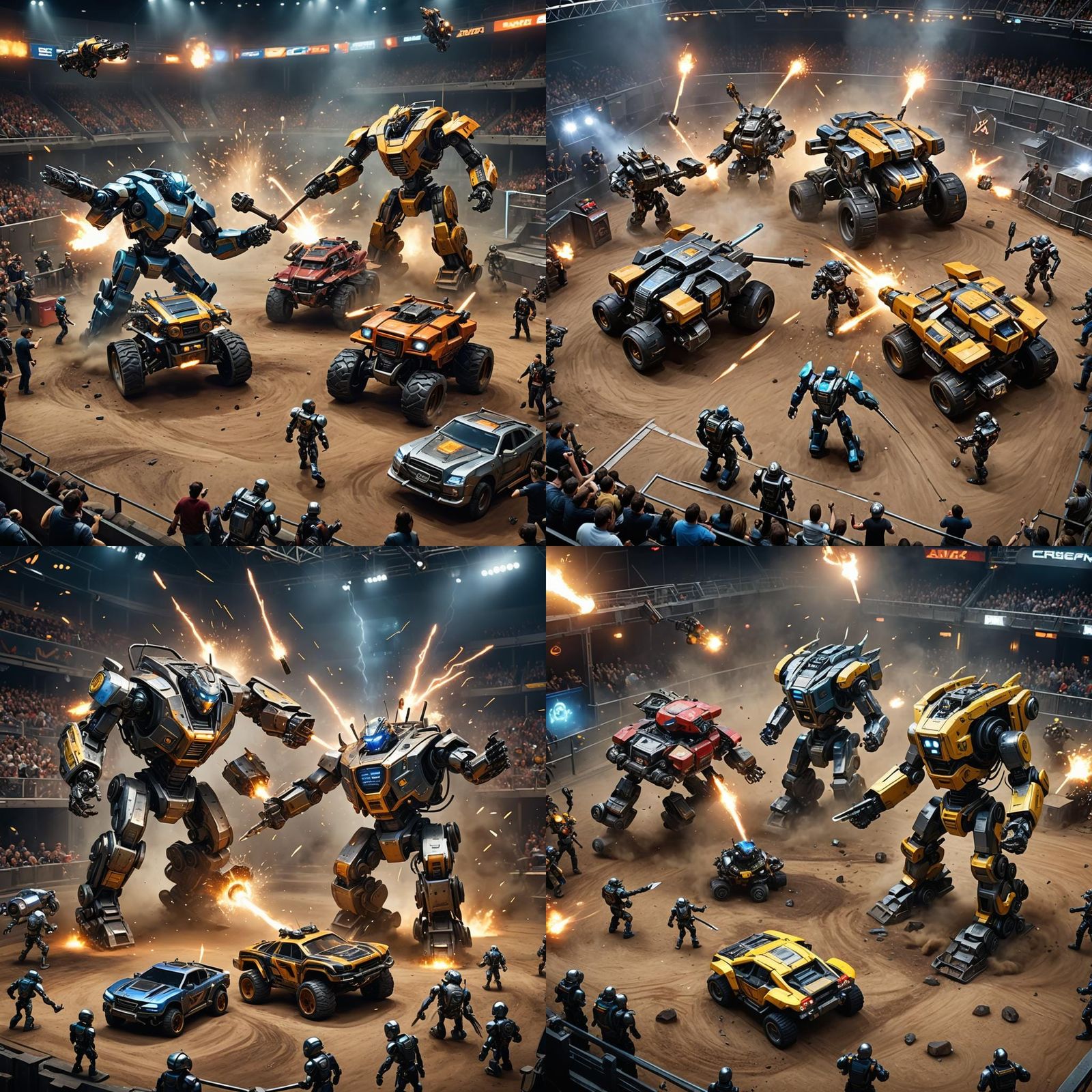 Robot Cars Clash in Arena: Dynamic 8K Matte Painting