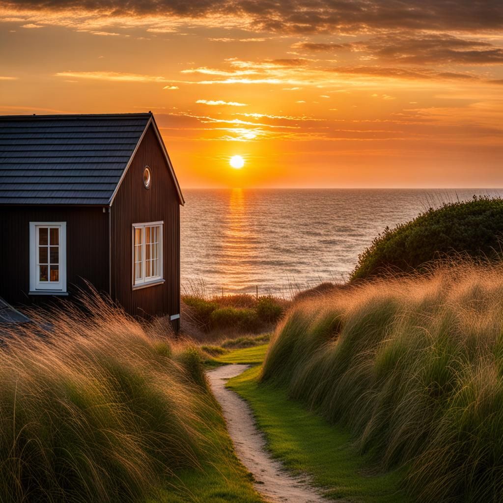 Seascape Sunrise with House Silhouette