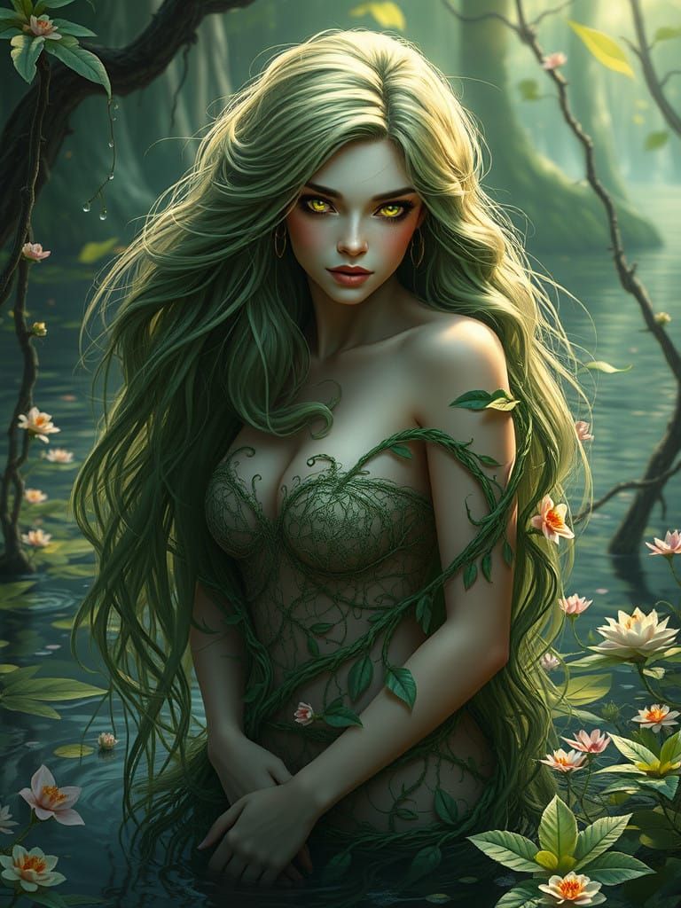 Ethereal Swamp Goddess in Organic Futurism Style