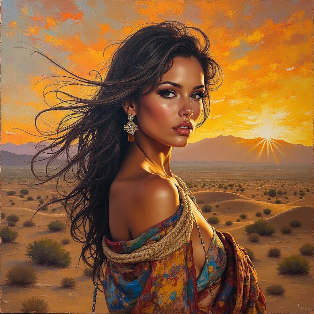 Raquel Welch in Bolivian Andes Fashion: Brutalist Oil Painti...