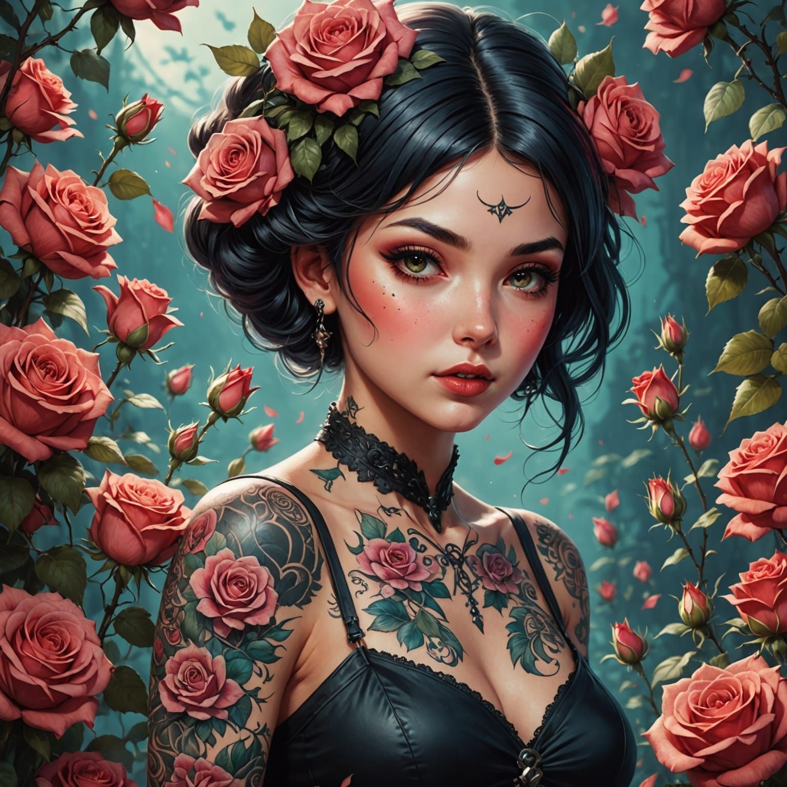 Surreal Pinup Girl Surrounded by Roses in Vibrant Anime Styl...