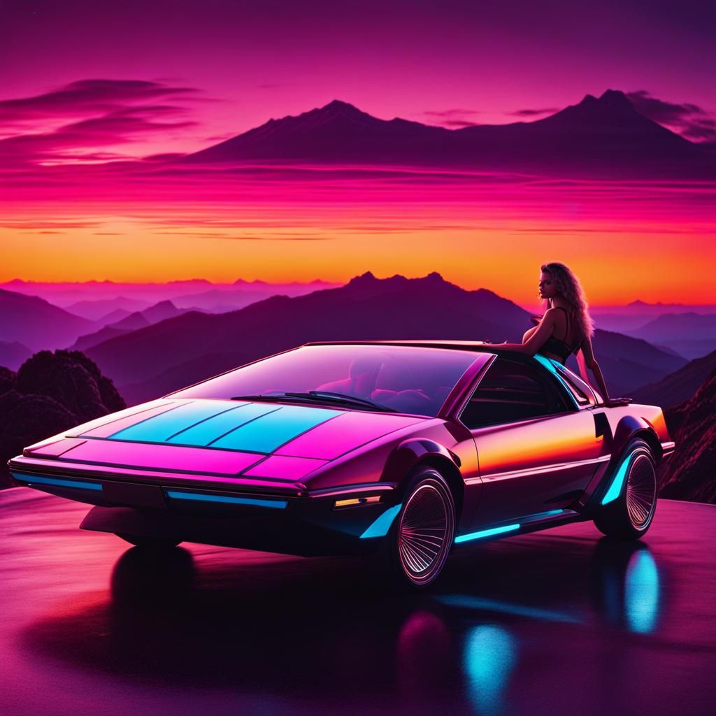 Retro Futuristic Car with Model in Synthwave Style