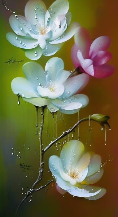 Lush Magnolia Flowers with Dew Drops